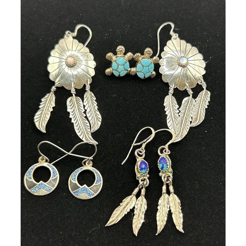 Vtg NATIVE AMERICAN TURQUOISE ~ MOP~ Sterling Silver EARRING LOT OF 4 ~ 17g‎